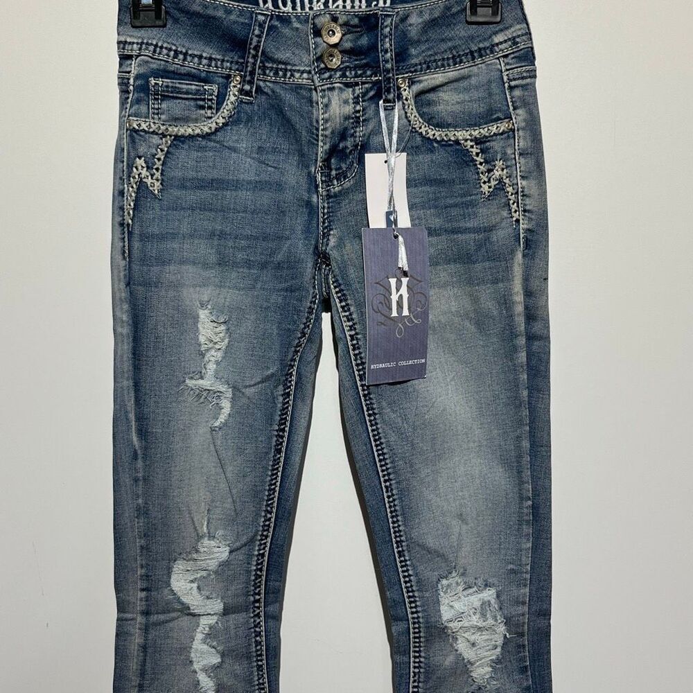 Hydraulic Women's Blue‎ Lola Micro Boot Embroidered Distressed Jeans Size 0 NWT